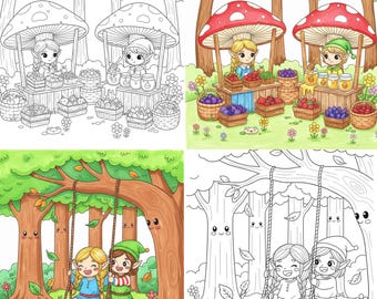 Libro para colorear de la Aldea de los Elfos - Bosque de Fantasía Kawaii (Patrón PDF)