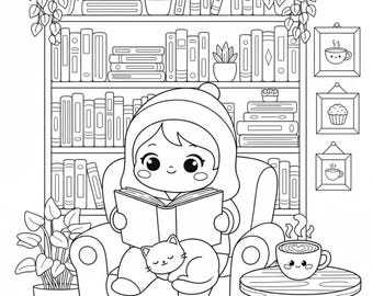 Libro para colorear de cafeterías kawaii / Ilustraciones en tonos pastel (Descarga digital en PDF)