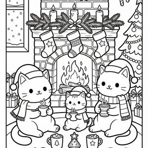 Pode incluir: Ilustração a preto e branco de uma cena de Natal. Três gatos com gorros e cachecóis de Pai Natal junto a uma lareira, com uma árvore de Natal, meias e biscoitos festivos. Imagem festiva.