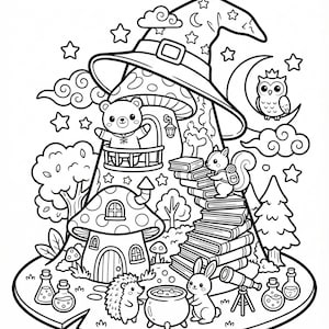 Può includere: Illustrazione in bianco e nero di una scena stravagante con un cappello da strega sopra una casa a forma di fungo. Un orsacchiotto, un gufo, uno scoiattolo e un coniglio sono tra i personaggi. Stelle, nuvole e fiale di pozioni completano il tema magico.