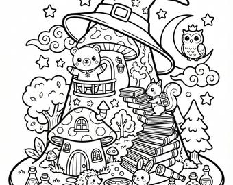 Libro para colorear de mundos mágicos adorables - Animales fantásticos kawaii y casas diminutas - Páginas para colorear en miniatura - PDF imprimible