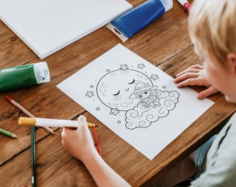 Libro para colorear de brujas kawaii: Páginas imprimibles de chicas mágicas y gatos (descarga digital)