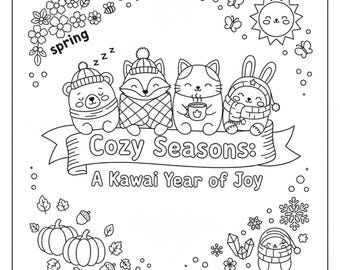 Libro para colorear kawaii: Estaciones acogedoras, alivio del estrés (descarga digital)