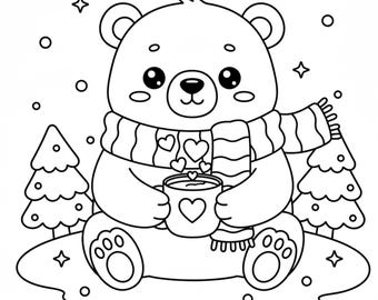 Libro para colorear de animales navideños kawaii, escenas invernales acogedoras (PDF imprimible)