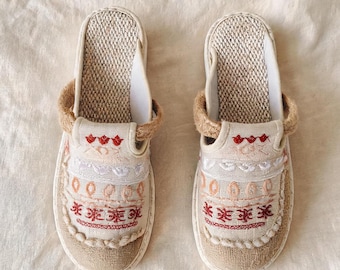 Boho Hand-Embroidered Thick Sole Slides, Woven Spliced Platform Flats, Women's Vintage Casual Mules