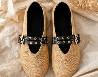 Handwoven Raffia Mary Jane Flats, Black Leather Buckle, Summer Lightweight Shoes