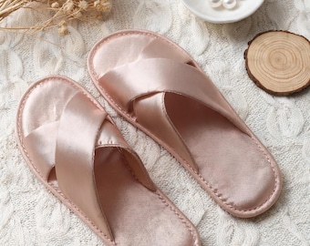 Custom Embroidered Satin Slippers, Bridesmaid & Groom Wedding Gifts, Unisex Premium House Shoes