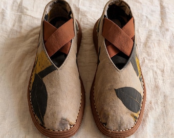 Hand-Sewn Autumn Leaf Ballet Flats, Wabi-Sabi Cotton Linen Cross-Strap Shoes