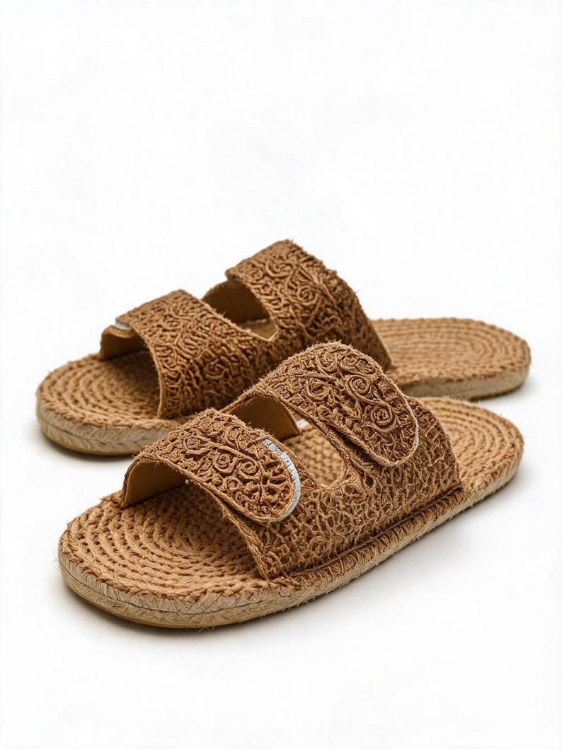 Unisex Hand-crocheted Hemp Slides, Ethnic Double-strap Sandals ...