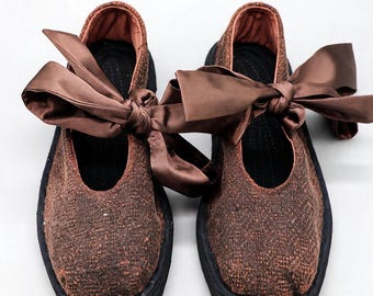 Gambiered Silk Ballet Flats, Handmade Cloth Sole, Square Toe Ribbon Shoes