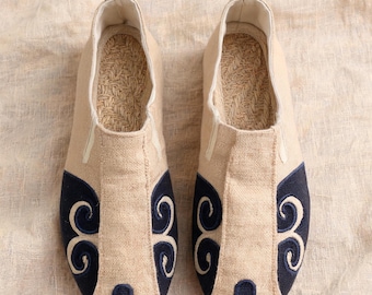 Vintage-Leinen-Patchworkschuhe in Handarbeit, Cloud Totem Zen Flats, atmungsaktive Hanf-Sommerschuhe für Herren