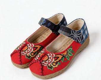 Women's Embroidered Mary Jane Shoes, Floral Boho Flats, Folk Art Cloth Shoes, Vintage Inspired Shoes