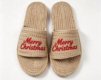 Custom Embroidered Hand Crocheted Linen Hemp Slippers – Wabi Sabi House Shoes, Eco Friendly Unisex Slides, Made to Order