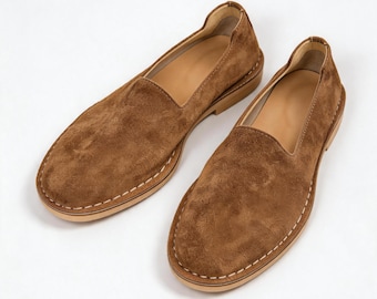 Old Money Hand-Sewn Suede Loafers, Men's Vintage Slip-Ons, Casual Commuting Flats