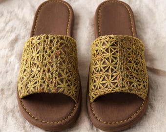 Handmade Openwork Jacquard Slides, Linen Summer Flats, Zen Vintage Unisex House Shoes
