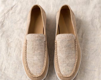 Handmade Suede Linen Spliced Loafers, Old Money Style Men's Slip-On Flats