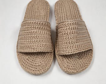 Hand Crocheted Linen Hemp Slippers, Wabi Sabi House Shoes, Eco Friendly Unisex Slides