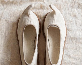 Handmade Linen Curved Toe Flats, Hand-Sewn Thousand-Layer Sole Zen Shoes, Rustic Comfortable Vintage Flats