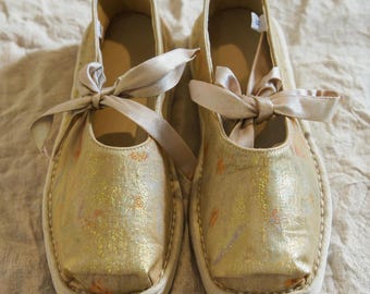 Gold Shimmer Ballet Flats, Champagne Ribbon Tie, Hand-Sewn Thousand-Layer Sole Cloth Shoes