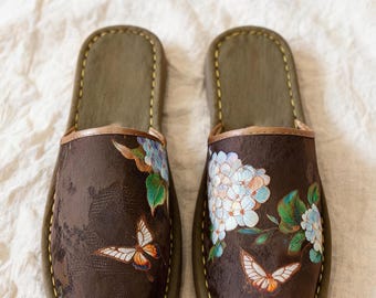 Vintage Brocade Thousand-Layer Sole Flats, Square Toe Hydrangea Butterfly Pattern, Sweat-Absorbent Healthy Slippers