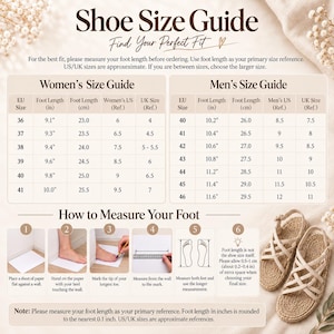 May include: A shoe size guide chart featuring tables for women and men with EU, US, and UK sizes alongside foot length in inches and centimeters. Includes six illustrated steps on how to measure feet and a pair of beige woven sandals in the corner.