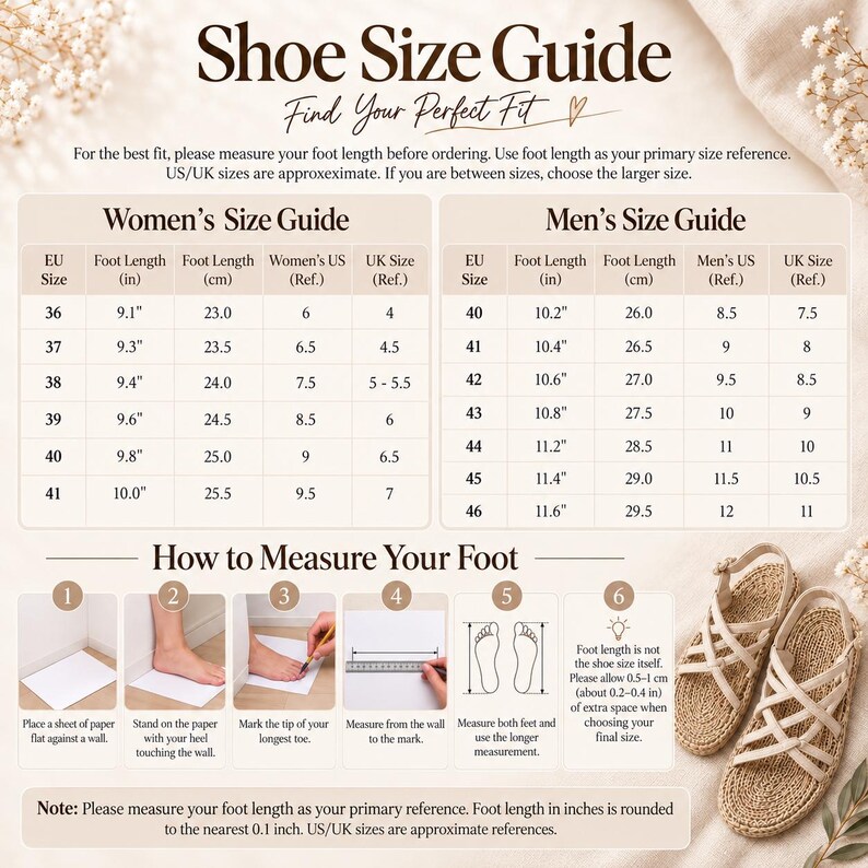 May include: A shoe size guide chart featuring tables for women and men with EU, US, and UK sizes alongside foot length in inches and centimeters. Includes six illustrated steps on how to measure feet and a pair of beige woven sandals in the corner.