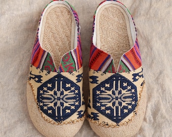 Handwoven Linen House Slippers | Unisex Closed-Toe Slides | Non-Slip Rubber Sole for Indoor/Outdoor