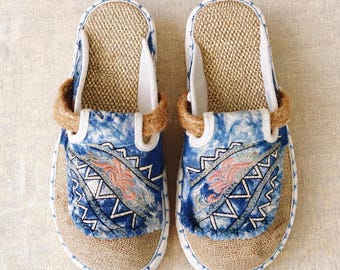 Hand Tie-Dye Embroidered Mules, Hemp Rope Woven Platform Slip-Ons, Boho Summer Casual Slippers