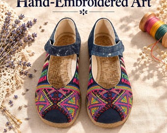 Ethnic Hand-Embroidered Mary Jane Flats, Wedge Heel Non-Slip Canvas Shoes, Women's Vintage Boho Flats