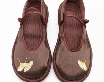 Gambiered Silk Hand-Knotted Mary Jane Flats, Thousand-Layer Sole Breathable Shoes, Vintage Elegant Women's Flats
