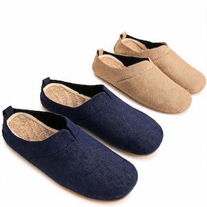 May include: Three slip-on shoes with textured fabric uppers in navy blue and tan. Each shoe features a rounded toe, a low-cut collar with black interior lining, and a woven straw-like insole. The design is simple and lacks laces or fasteners.