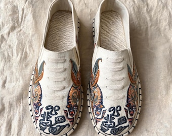 Heavy Embroidered Ethnic Cloth Sole Flats, Men's Casual Canvas Shoes, Traditional Handmade Dad Gift