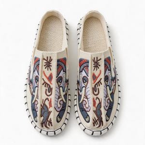 Mules brodées éléphant pour hommes, chaussons en toile à semelle de coton ethnique, claquettes d'extérieur décontractées
