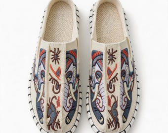 Mules para hombre con bordado de elefante, pantuflas étnicas de lona con suela de algodón, sandalias informales para exteriores.