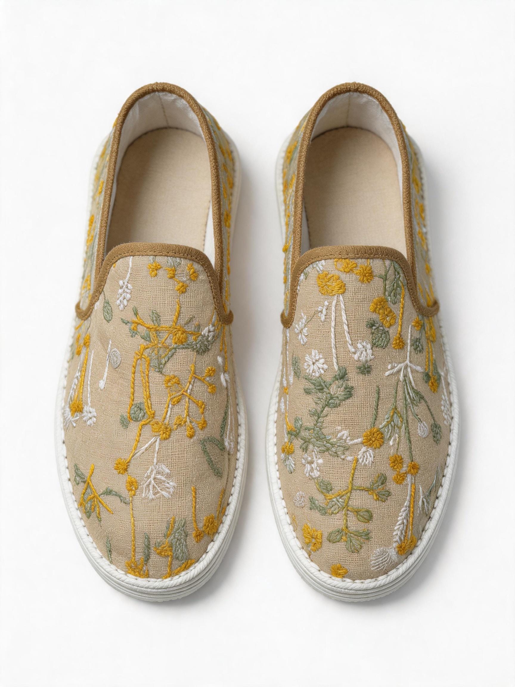 Hand-Embroidered Dandelion Flats, Thousand-Layer Sole Linen Shoes, Cottagecore Slip-Ons for Women
