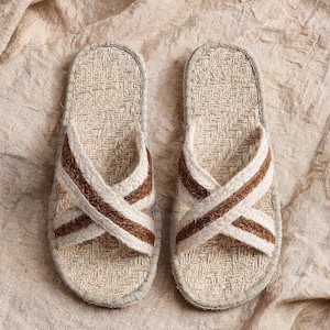 Può includere: Un paio di sandali aperti con plantare in paglia intrecciata beige e design a fasce incrociate. Le fasce sono composte da bande alternate di tessuto testurizzato color crema e marrone scuro, con un bordo cucito in grigio chiaro.