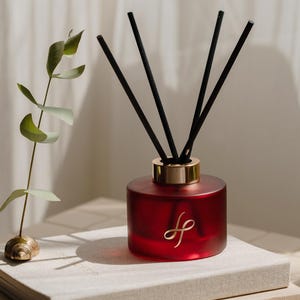 May include: A red glass diffuser bottle with black reeds and a gold-colored collar. The bottle has a gold-colored logo and sits on a stack of books. A small plant with green leaves is next to the books.