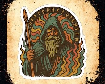 Odin Norse mythology sticker, rune wizard art, waterproof vinyl decal
