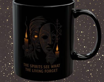 Voodoo spirit mask mug, gothic coffee and tea cup, New Orleans mystic design, occult ritual drinkware