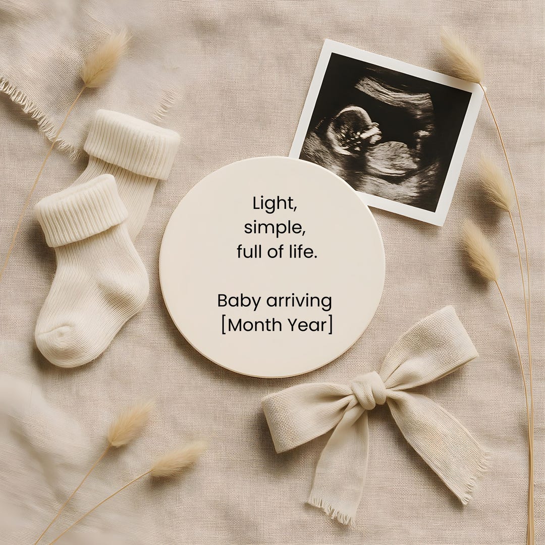 Minimalist Pregnancy Announcement Canva Template Neutral Flat Lay