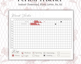 May include: A printable period tracker with the title "Period Tracker" in a decorative font. The chart includes a calendar grid for tracking cycles, with a key for symptoms like heavy flow, spotting, and mood swings. The design is in soft pink and white.