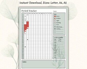 May include: A printable period tracker with a grid layout for tracking menstrual cycles. The design includes a key for symptoms and cycle lengths. The text "Period Tracker" is at the top, with "Instant Download, Sizes: Letter, A4, A5" below.