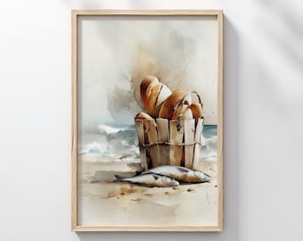 The Miracle of the Loaves and Fishes – Watercolor Christian Wall Art, Digital Download, Blessing of the Bread and Fish, Bread by the Sea