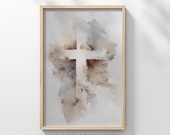 «Estad quietos y recordad» — Cruz en acuarela, arte mural cristiano / Impresión bíblica neutra / Decoración para la adoración pacífica, descarga digital.