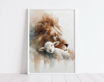 The Lion and the Lamb | Watercolor Christian Wall Art | Jesus Christian Wall Art, Digital Download, Peaceful Lion and Lamb Print