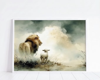 The Lion and the Lamb – Eternal Promise | Watercolor Christian Wall Art | Jesus Christian Wall Art, Digital Download, Lion of Judah
