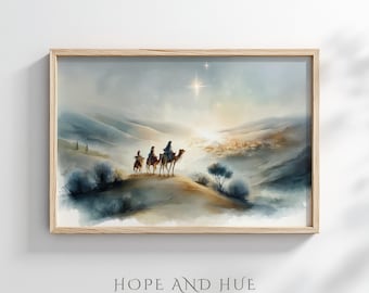 Behold the Star Over Bethlehem — Watercolor Three Wise Men Nativity Art, Christian Christmas Print, Holy Night Journey, Digital download