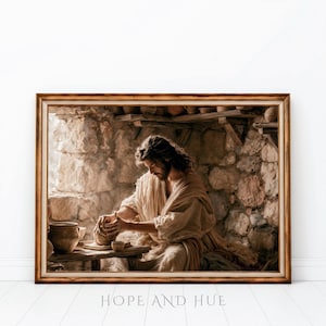 Jesus the Potter Wall Art | Christ Shaping Clay Artwork | Christian Artisan Print | Biblical Pottery Scene | Faith Decor