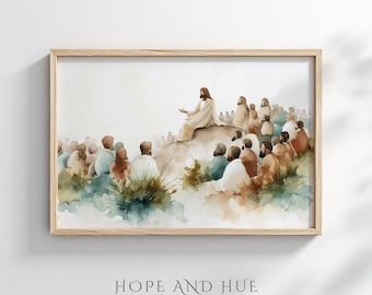 Sermon on the Mount | Abstract Watercolor Landscape | Jesus Christian Wall Art Digital Download