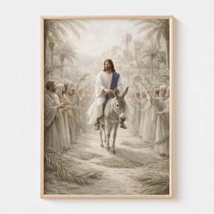 May include: A framed print depicts a religious scene. A man in white robes and a blue sash rides a donkey down a path lined with people holding palm branches. The background shows a city with palm trees.
